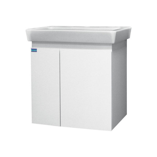 Долният шкаф Мира е направен от водоустойчив PVC материал, с нежен дизайн и в комплект с правоъгълна мивка.