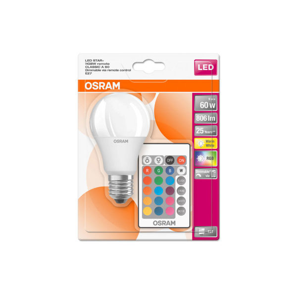 Снимка на LED лампа OSRAM, 9W,E27,RGB, дистанционно, димиране,12 цвята